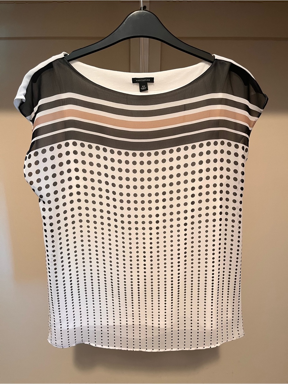 Ann Taylor Black White and Tan Striped Dot-Print Blouse